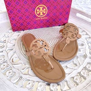 Tory Burch Patent Leather Miller Sandals Tan